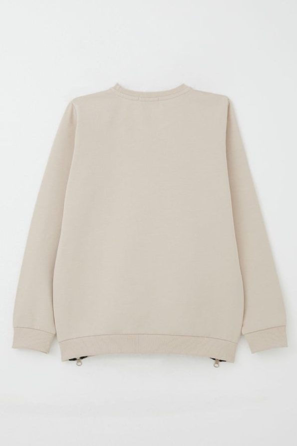 Girls' Sweatshirt with Floral Print and Zip Details in Beige (Ages 9-12)