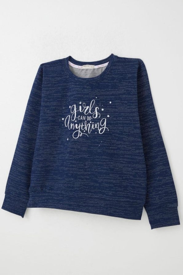 Girls' Printed Star Sweatshirt in Navy Blue Melange (Ages 9-14)
