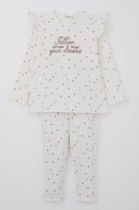 Girls' Heart Print Glittered Leggings Set in Ecru (Ages 2-4)
