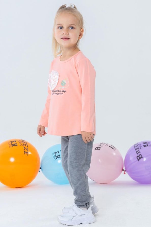 Girls' Legging Set with Perfume Bottle Embroidery and Lace Hearts in Salmon (1.5-3 Years)