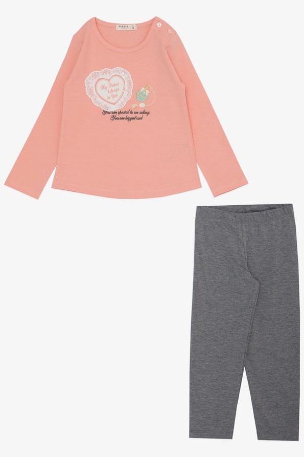 Girls' Legging Set with Perfume Bottle Embroidery and Lace Hearts in Salmon (1.5-3 Years)