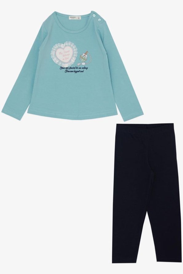 Girls' Legging Set with Perfume Bottle Embroidery and Lace Heart in Aqua Green (Ages 1.5-3)
