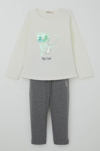 Girls' Legging Set with Sequin Cat Print in Ecru (Ages 1.5-5)