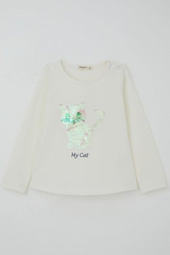 Girls' Legging Set with Sequin Cat Print in Ecru (Ages 1.5-5)