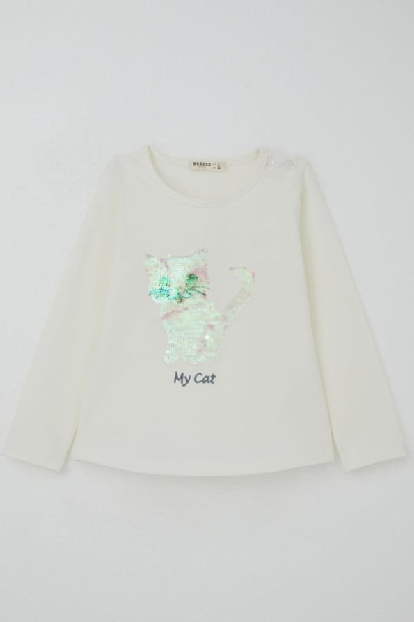 Girls' Legging Set with Sequin Cat Print in Ecru (Ages 1.5-5)