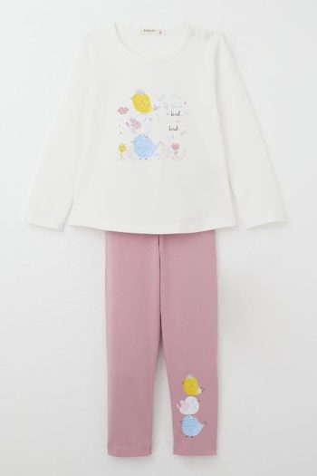 Girls' Legging Set with Cute Colorful Bird Print in Ecru (1.5-2 Years)