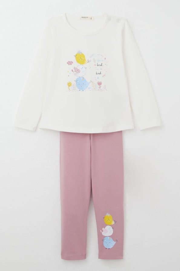 Girls' Legging Set with Cute Colorful Bird Print in Ecru (1.5-2 Years)