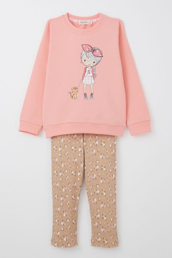 Girls' Printed Floral Leggings Set in Salmon (2-4 Years)