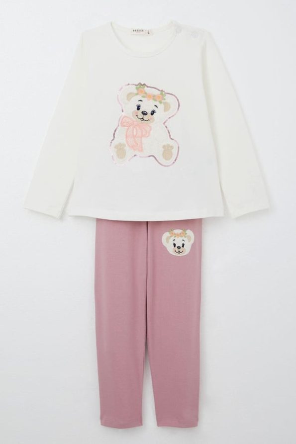 Girls' Cute Bear Embroidered Sequin Tracksuit in Ecru (Ages 1.5-4)