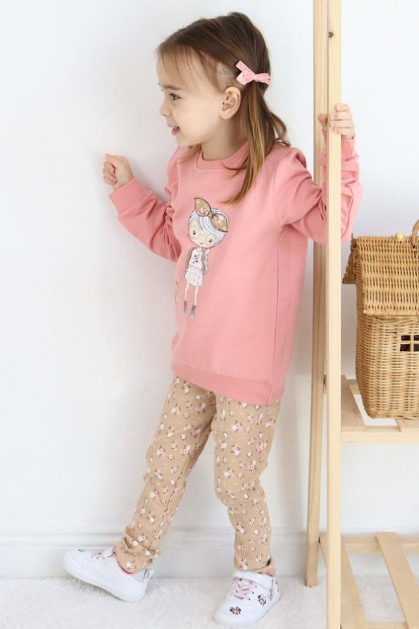 Girls' Floral Print Legging Set in Dusty Rose (Ages 2-4)