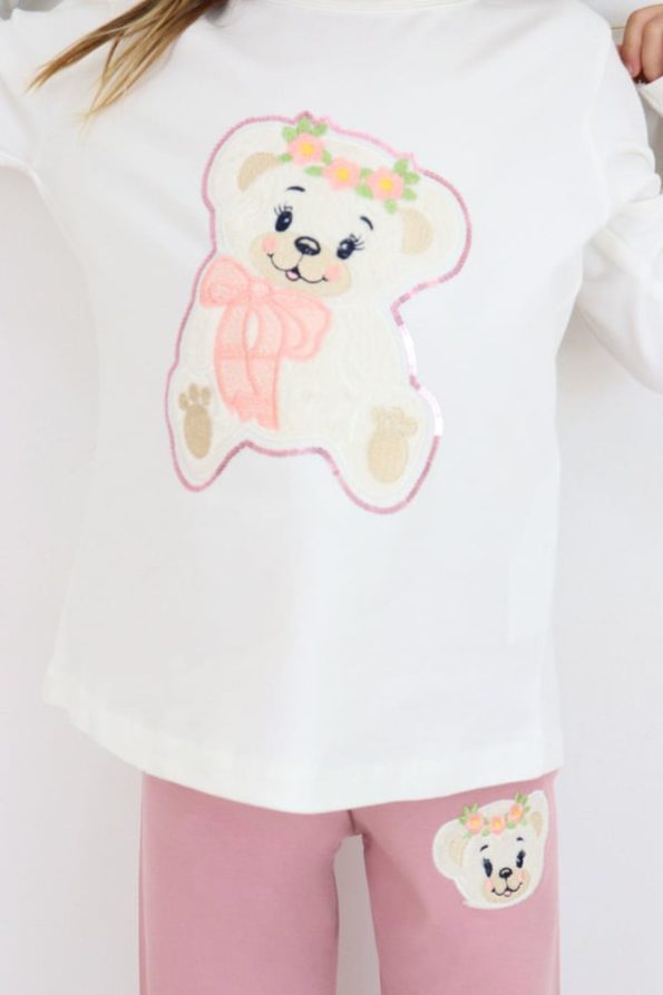 Girls' Cute Bear Embroidered Sequin Tracksuit in Ecru (Ages 1.5-4)