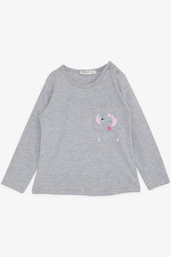 Girls' Long Sleeve T-Shirt with Cute Elephant Print in Grey Melange (1.5-5 Years)