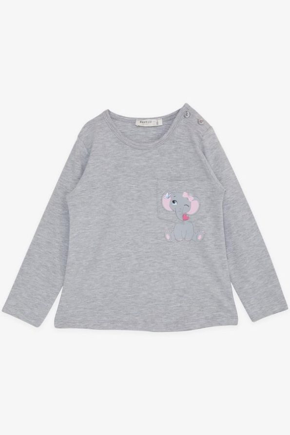 Girls' Long Sleeve T-Shirt with Cute Elephant Print in Grey Melange (1.5-5 Years)