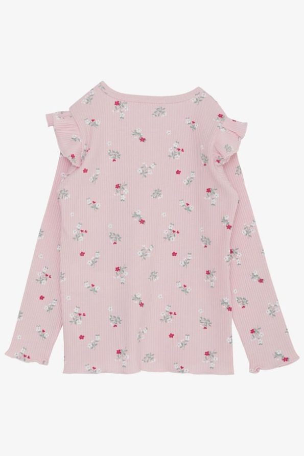 Girls' Long Sleeve Ruffled Floral Shoulder T-Shirt in Pink (2-3 Years)