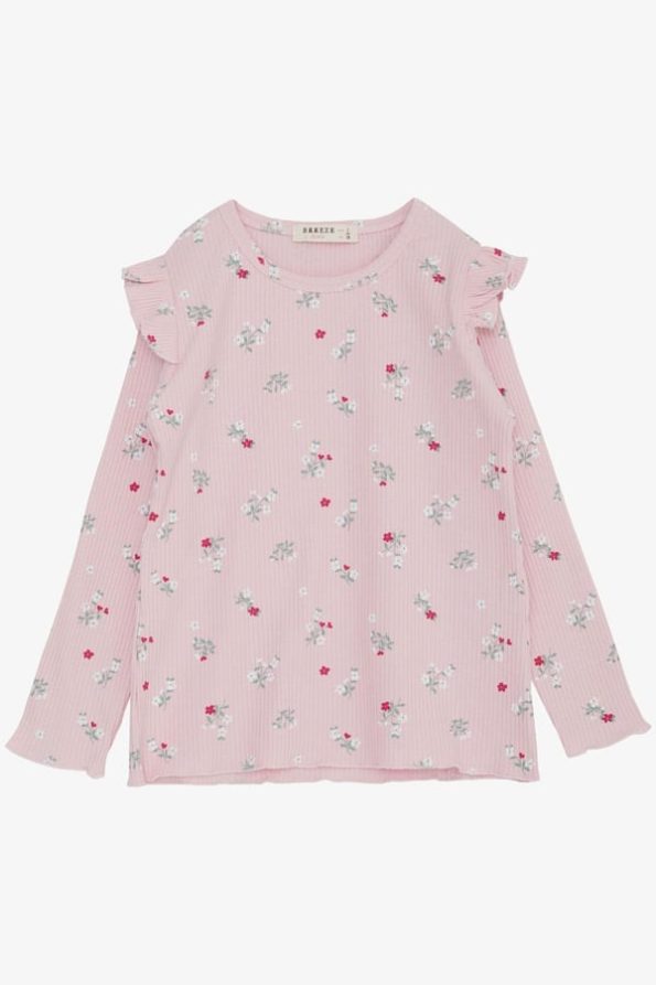 Girls' Long Sleeve Ruffled Floral Shoulder T-Shirt in Pink (2-3 Years)