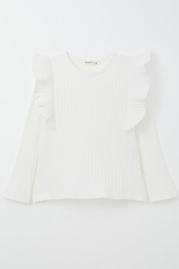 Girls' Long Sleeve Ruffled T-Shirt in Cream (2-4 Years)