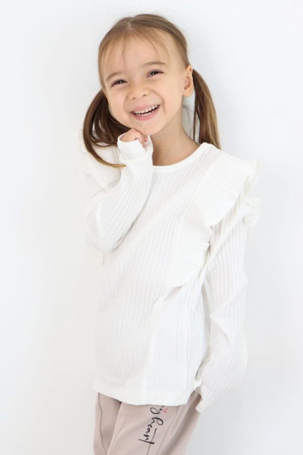 Girls' Long Sleeve Ruffled T-Shirt in Cream (2-4 Years)