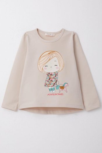 Girls' Long Sleeve T-Shirt with Cheerful Print in Beige (2-4 Years)