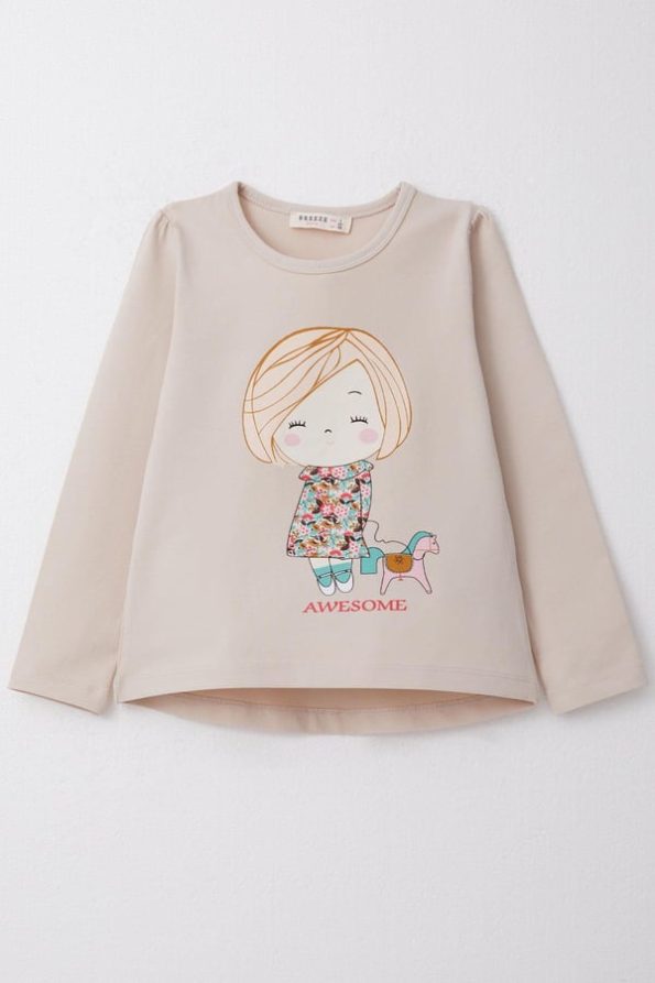 Girls' Long Sleeve T-Shirt with Cheerful Print in Beige (2-4 Years)