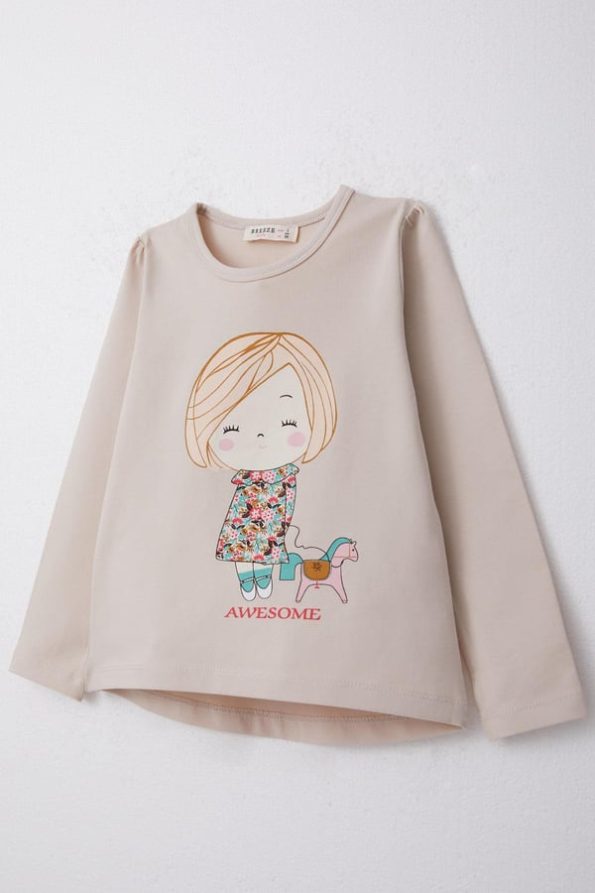 Girls' Long Sleeve T-Shirt with Cheerful Print in Beige (2-4 Years)