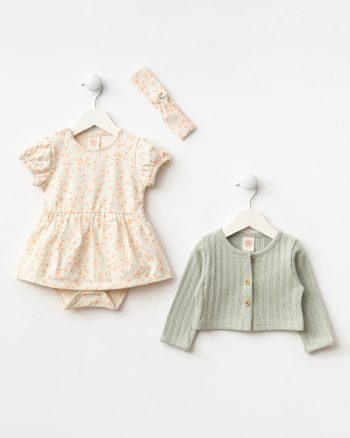 Girls' Cotton Blush Cardigan Flower Pattern 3-Piece Dress Set