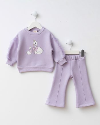 Girls' Cotton Lilac Swan Print Sweatshirt with Flared Pants – Tulle Sleeves