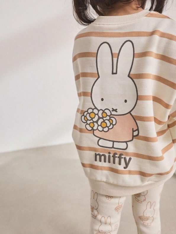 Girls' Cotton Beige Striped Rabbit Print Sweatshirt and Leggings Set