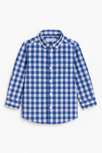 Boys' Blue and White Checkered Long Sleeve Cotton Shirt - Pocketed Button-Up