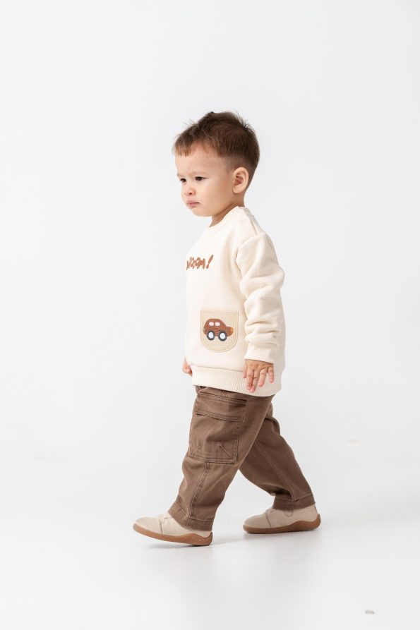 Boys' Cotton Cream Car Printed Sweatshirt and Brown Cargo Pants Set