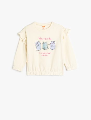 Girls' Long Sleeve Cat Print Cotton Sweatshirt with Ruffle Details