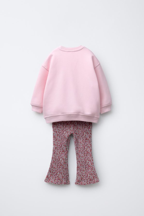 Girls' Cotton Pink Heart Appliqué Sweatshirt and Floral Flare Leggings Set