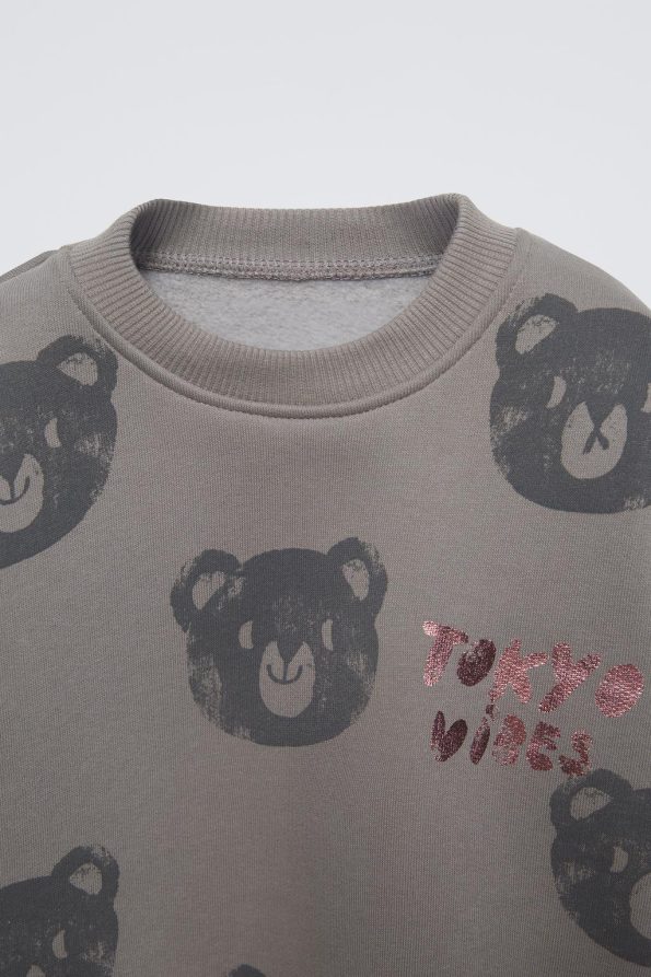 Girls' Cotton Gray Bear Print Sweatshirt and Leggings Set - Tokyo Detail