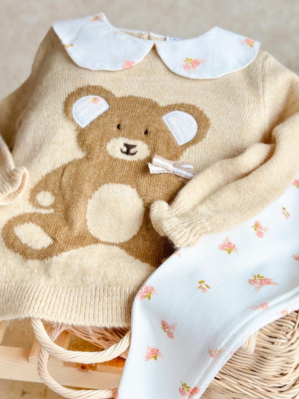 Teddy Pattern Knitted Baby Collar Sweater Leggings Set for Girls