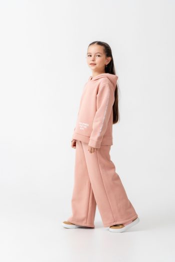 Girls' Cotton Powder Pink Hooded Sweatshirt and Wide Leg Tracksuit Set