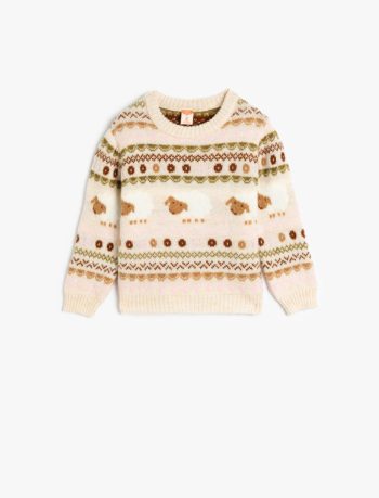 Girls' Baby Knit Sweater with Lamb Pattern and Crew Neck