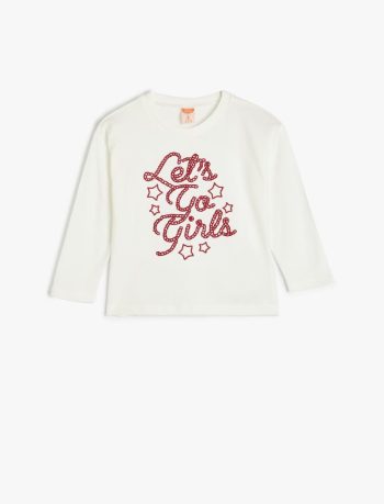 Girls' Long Sleeve Cotton T-Shirt with Slogan Print