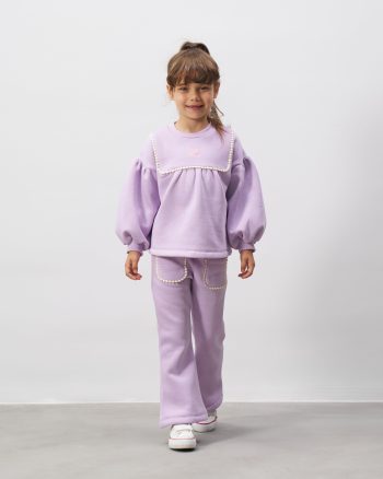 Girls' Cotton Lilac Sweatshirt and Pants Set with Pearl Details - Balloon Sleeves