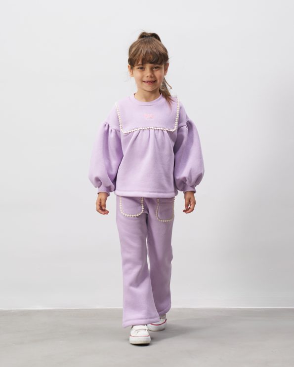 Girls' Cotton Lilac Sweatshirt and Pants Set with Pearl Details - Balloon Sleeves