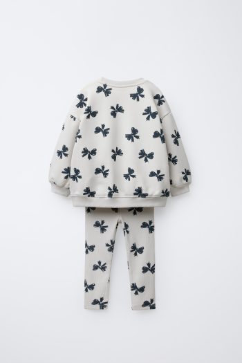 Girls' Cotton Cream Bow Patterned Sweatshirt and Leggings Set