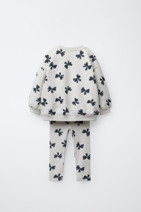 Girls' Cotton Cream Bow Patterned Sweatshirt and Leggings Set