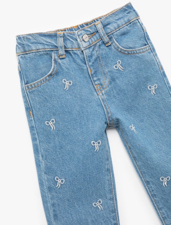 Girls' Baby Cotton Denim Pants with Embroidery and Pockets