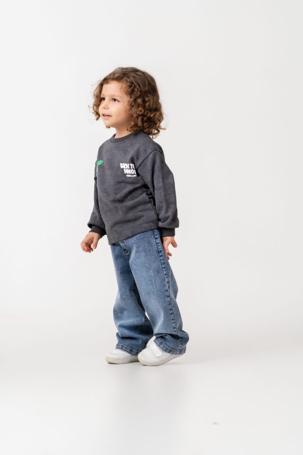 Boys' Cotton Charcoal Dinosaur Print Sweatshirt and Blue Jeans Set - Casual Comfort Style