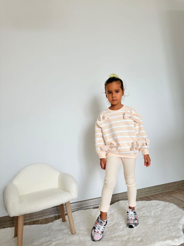 Girls' Cotton Yellow Striped Bow Detail Sweatshirt and Ribbed Leggings Set