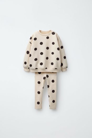 Girls' Cotton Beige Polka Dot Sweatshirt and Leggings Set
