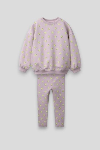 Girls' Cotton Lilac Floral Sweatshirt and Leggings Set