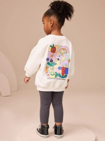 Girls' Cotton White Printed Sweatshirt and Leggings Set