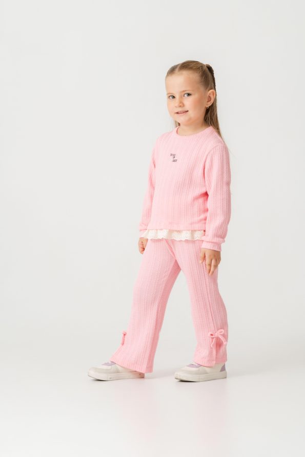Girls' Cotton Pink Sweatshirt and Jogger Set with Ruffle Details