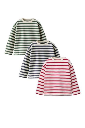 Unisex Kids Cotton Colorful Striped Long Sleeve T-Shirt Set - Green, Navy, Red