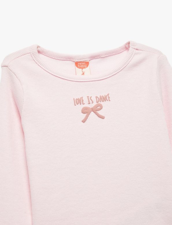 Girls' Cotton Ribbed Long Sleeve T-Shirt with Bow Embroidery