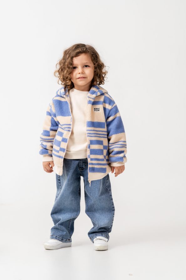 Boys' Cotton Blend Beige and Blue Plaid Hooded Zip-Up Fleece Jacket
